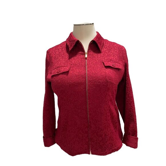Women's Red Floral Textured Jacket Sz XL Casual Classic Stylish Party Zip-Up - Picture 10 of 11